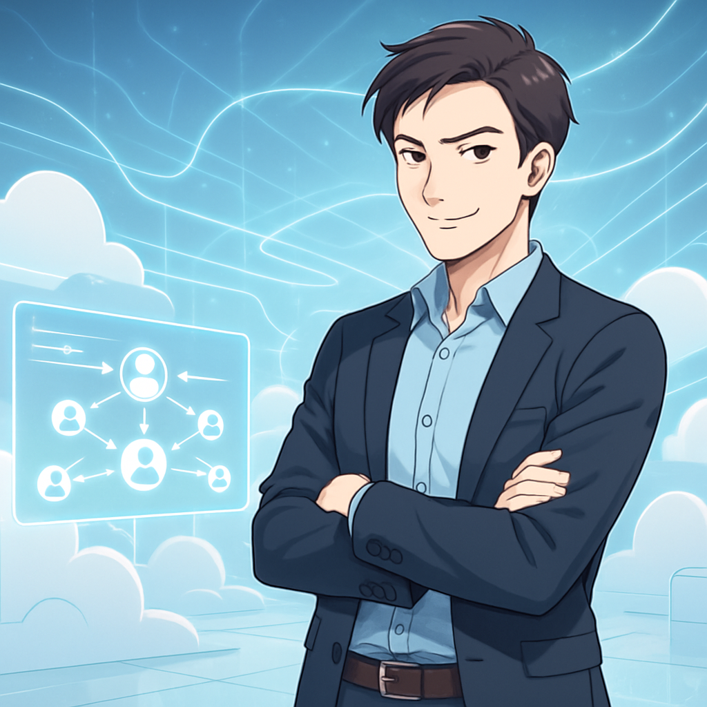 Een anime-stijl afbeelding van een zelfverzekerde zakelijke professional in een futuristische, wolkachtige datacenteromgeving. Ze kijken naar een holografisch scherm dat gecentraliseerde klantgegevens en efficiënte datastromen weergeeft, symboliserend voor de strategische kracht van CRM SaaS.