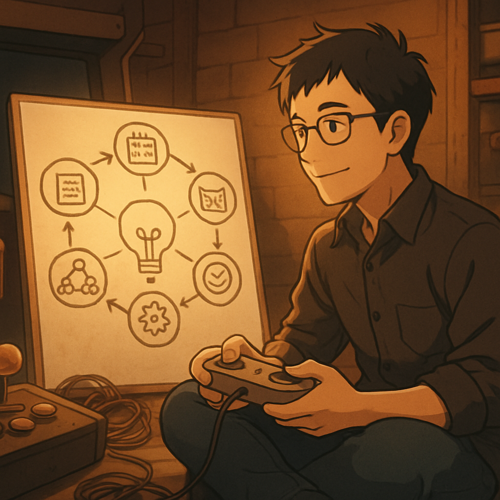 Een anime-stijl illustratie van Daan Bakker die reflectief naar een mindmap kijkt, omringd door onderdelen van een klassieke arcadekast in een warme werkplaats.