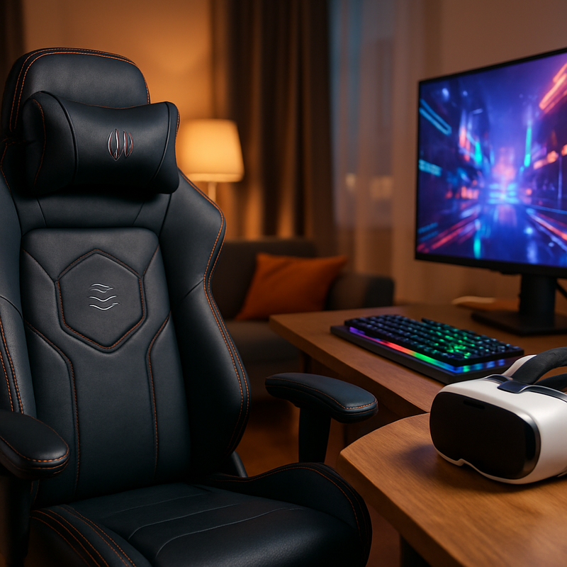 Moderne gaming setup met haptische stoel, VR-headset en RGB-verlichting in een sfeervolle kamer