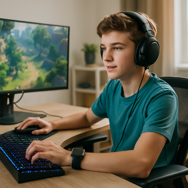 Tiener speelt videogame met ergonomische gamingstoel, smartwatch en oefenmat in de buurt