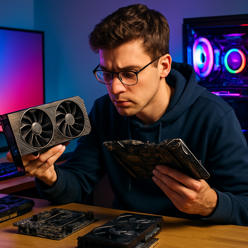 Close-up van een jongere gamer die tweedehands gaminghardware inspecteert op een bureau met computer en LED-licht