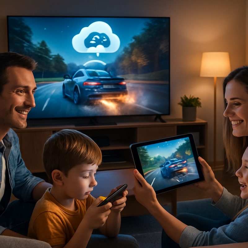 Gezin dat samen games speelt op smart-tv, tablet en smartphone via cloudgaming