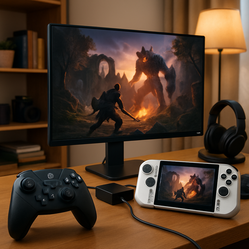 Multi-platform gaming setup met universele controller, handheld en docking station