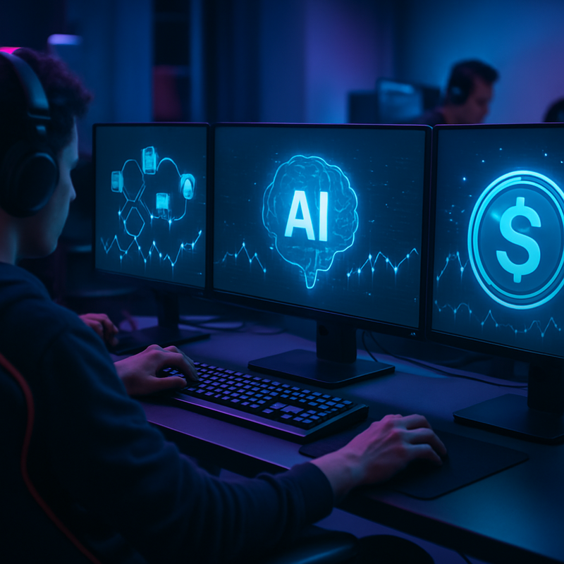Gaming setup met displays van blockchain, AI en stablecoins die financiële innovatie in gaming tonen