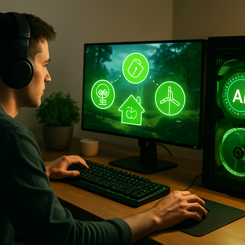 Gaming setup met groene energie- en AI-iconen die duurzaamheid en kostenbesparing illustreren