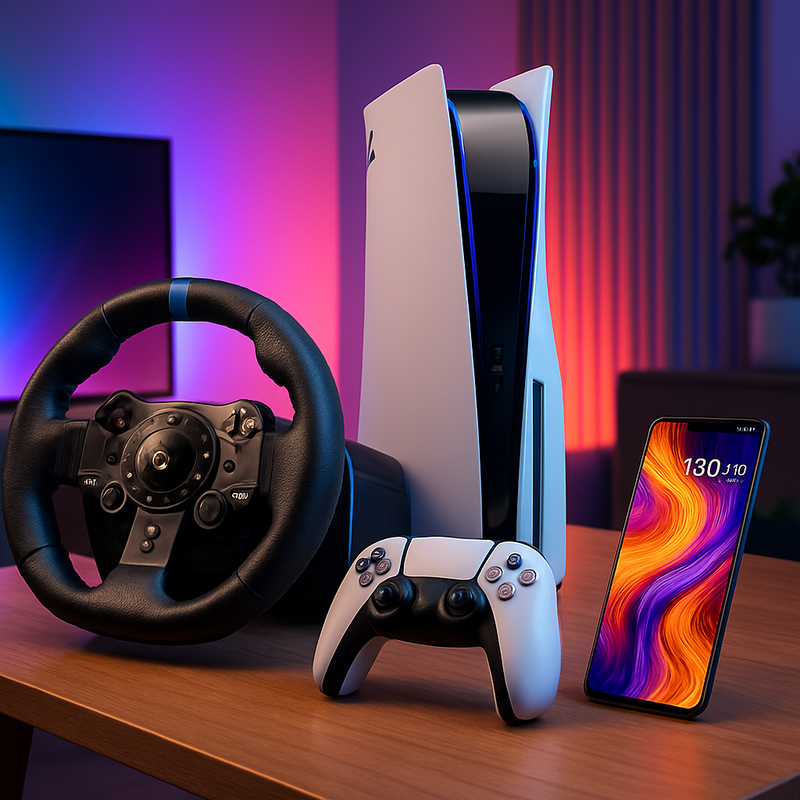 Gaming setup met PlayStation 5 Pro, racestuur en smartphone op bureau met sfeerverlichting