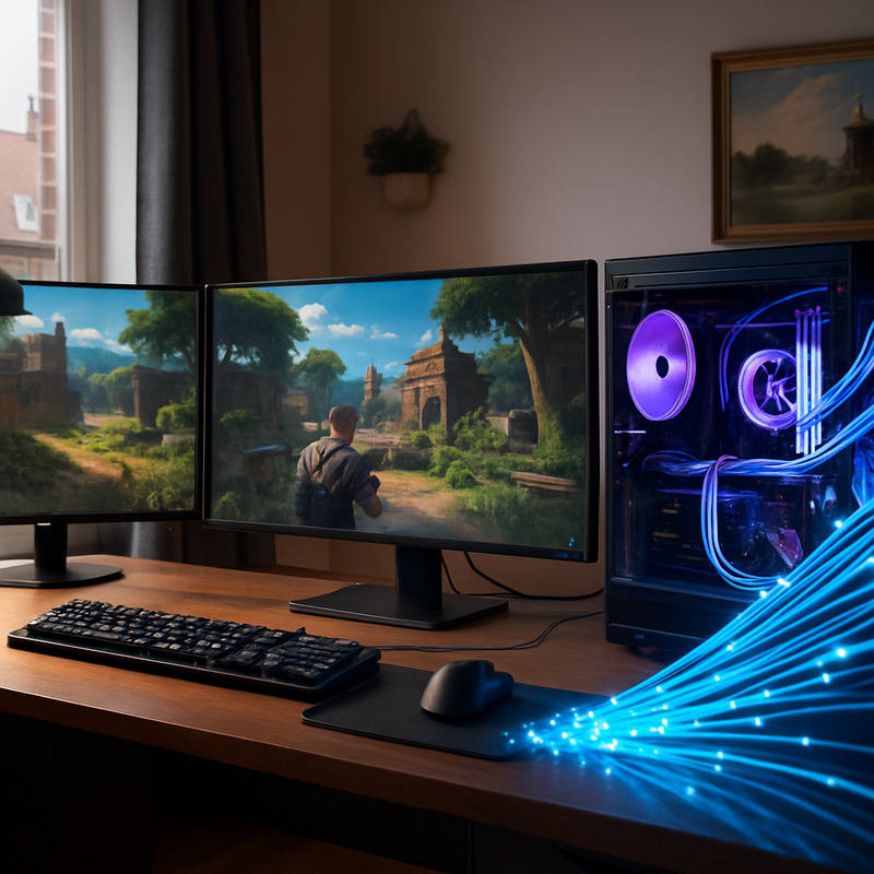 Gaming setup met high-end PC, 144Hz-monitoren en glasvezelverbinding in een Nederlandse woonkamer