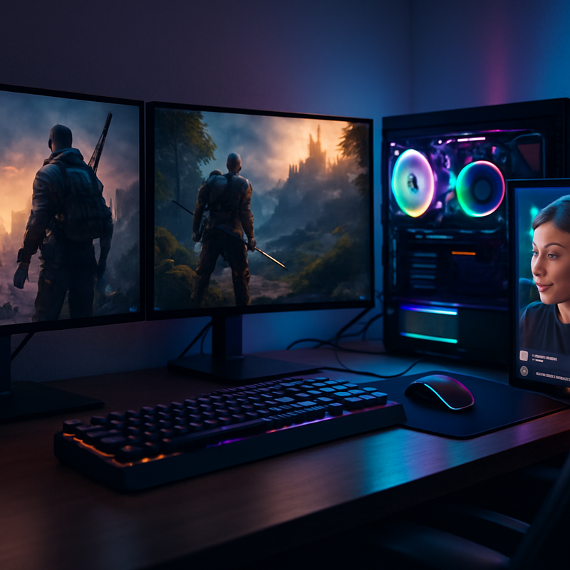 Modern gaming setup met RGB PC, meerdere schermen met nieuwe 2025 games en content op social media.
