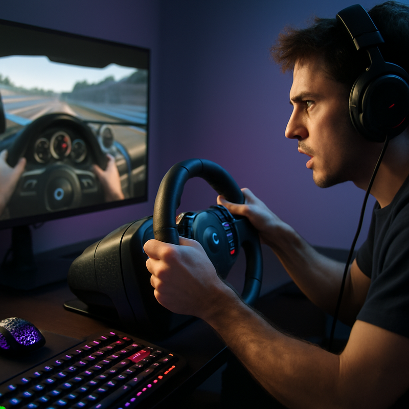 Gaming setup met Logitech sim racing wheel, RGB toetsenbord en ultralichte gaming muis