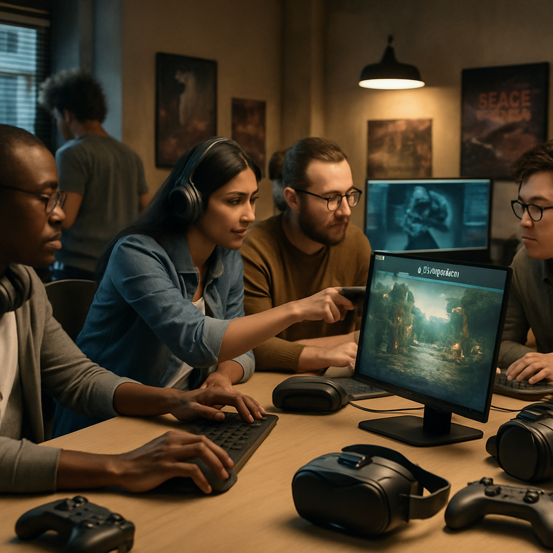 Moderne gameontwikkelstudio met ontwikkelaars die AI-tools gebruiken op computers, omringd door gaming gadgets