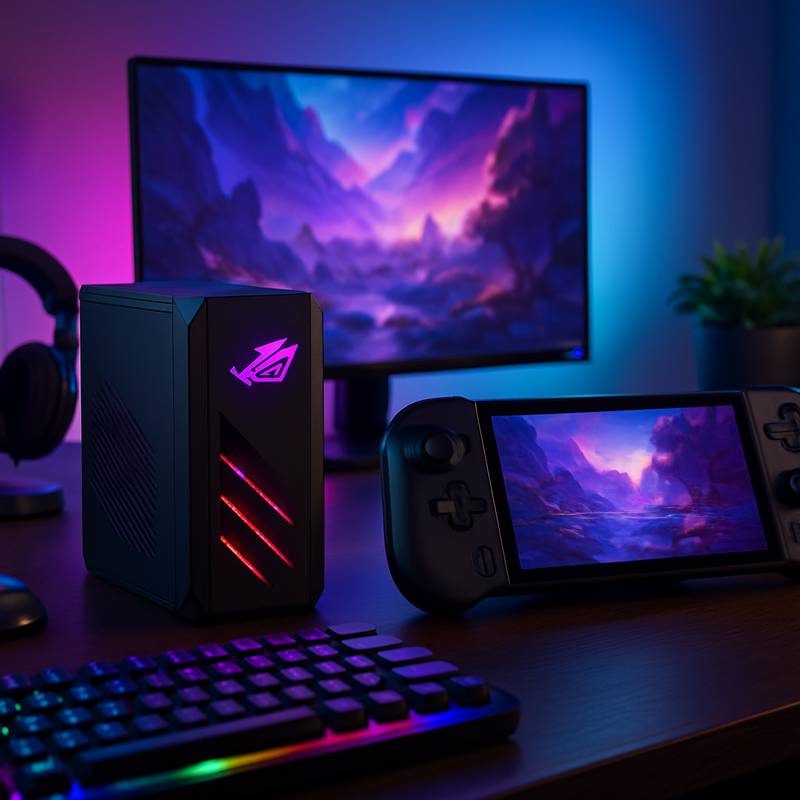 Gaming setup met Asus ROG NUC en Lenovo Legion Go S handheld device in sfeervolle gaming kamer