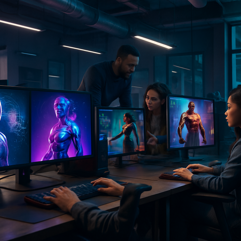 Futuristisch game-animatiestudio met AI-tools en digitale avatars in een moderne werkomgeving