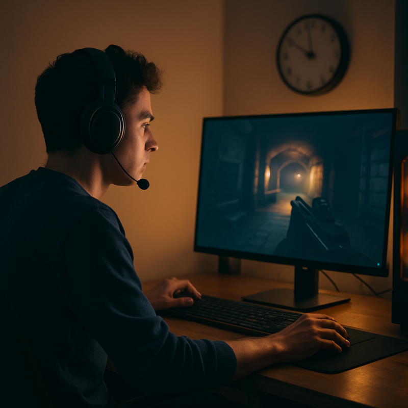 Jonge gamer speelt op hoge resolutie pc in avondlicht met night mode scherminstellingen