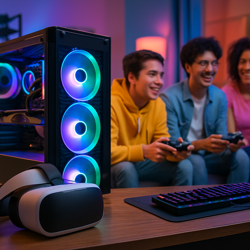 Gaming setup met VR-headset en gamers die samen spelen in een levendige kamer