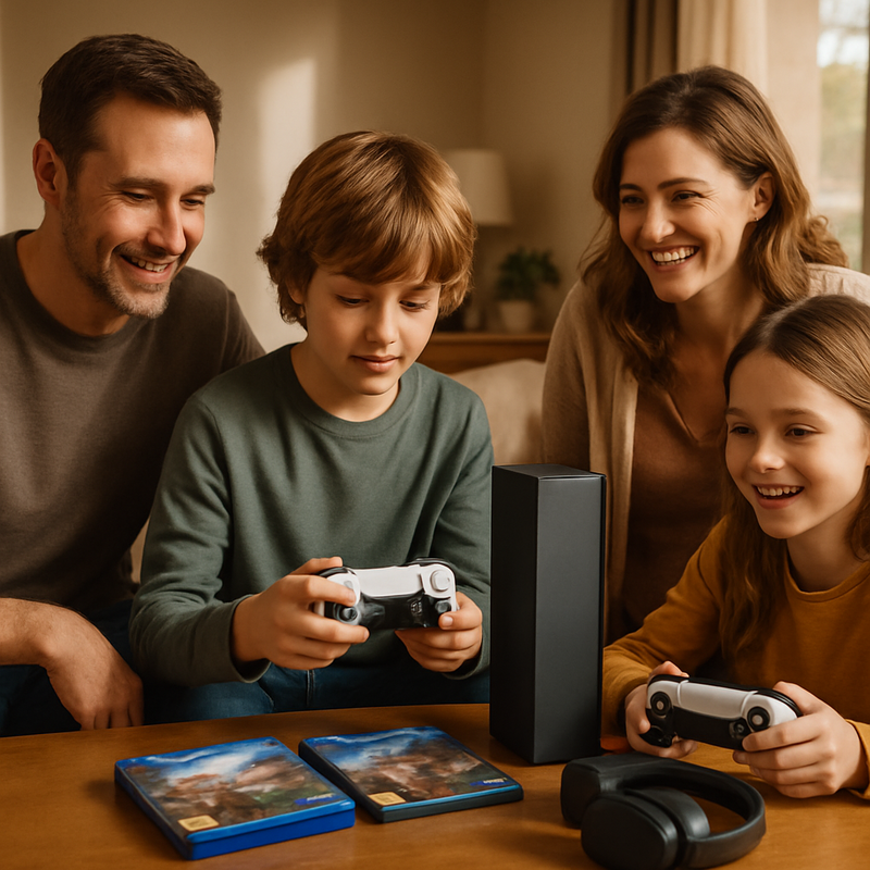 Gezin verzameld rond een gaming setup met nieuwe games en gadgets