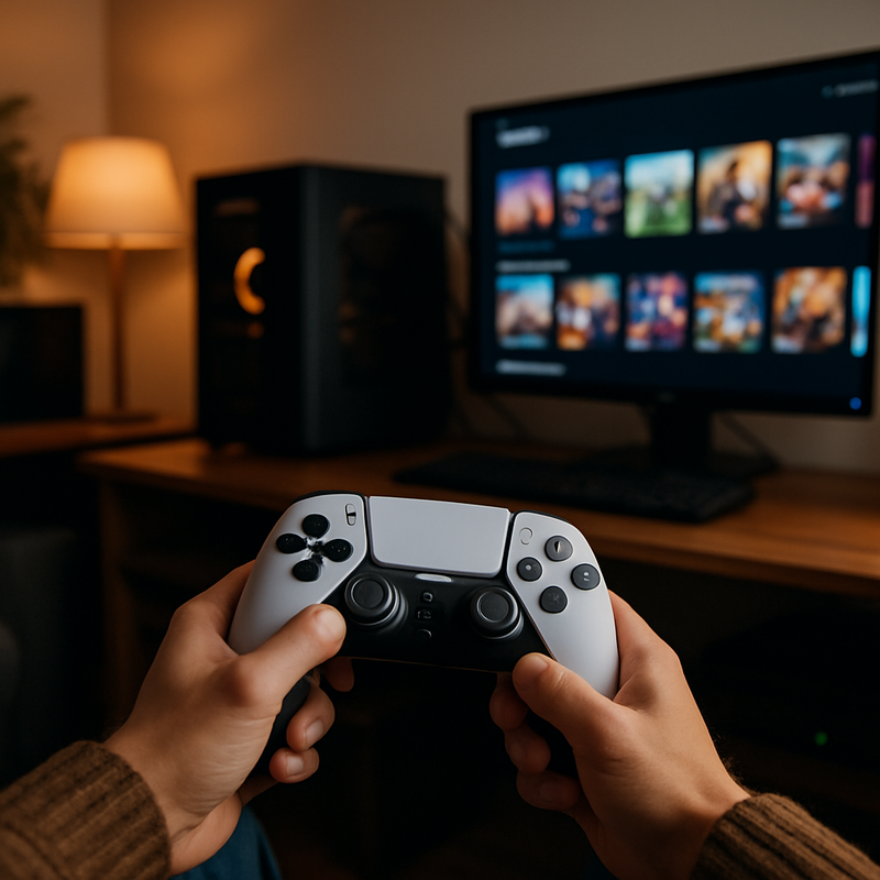 Persoon met gamingcontroller voor PC en console setup met streaming en abonnementsschermen