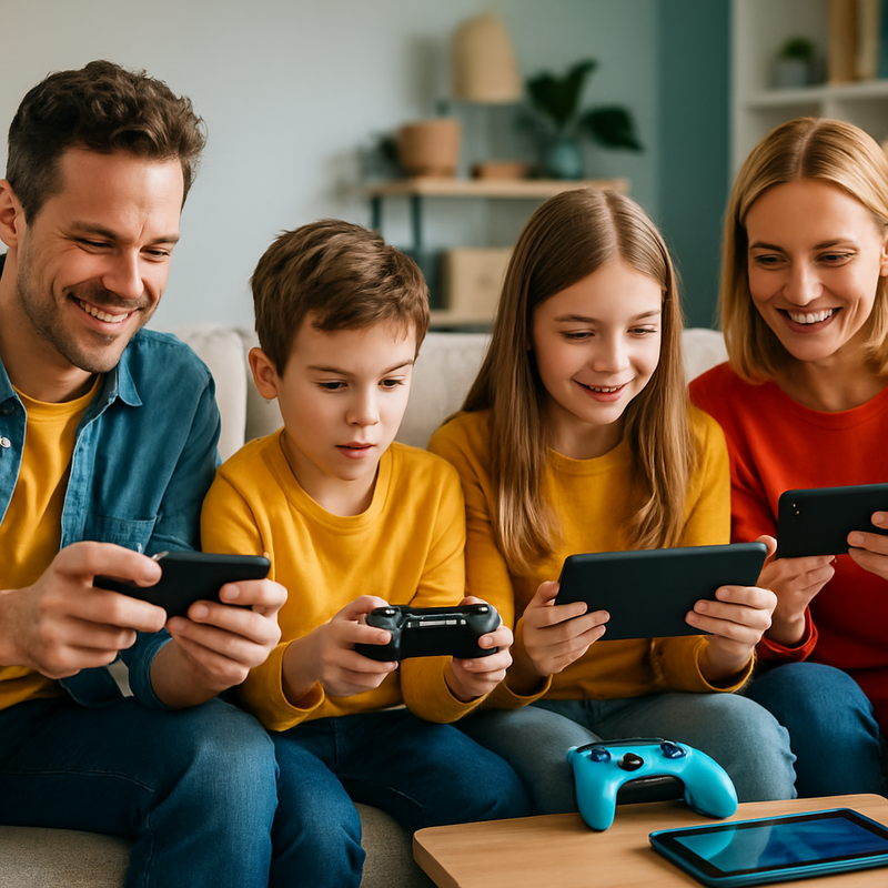 Familie speelt op smartphones en gaminggadgets in een moderne woonkamer