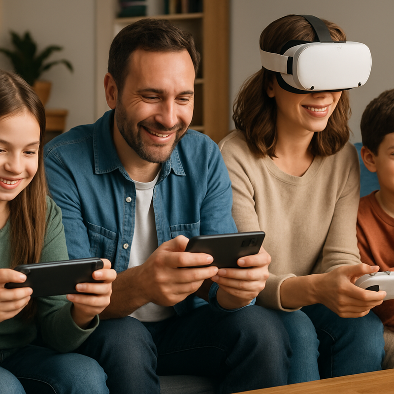 Familie gamen met handheld consoles, smartphones en VR-brillen, mobiel gamen en budgetvriendelijke technologie