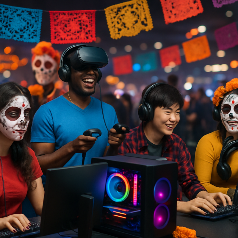 Divers publiek speelt videogames op een evenement met culturele decoraties en geavanceerde gaming hardware.