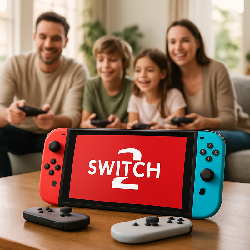 Foto van de Nintendo Switch 2 console met controllers en een familie die samen gamet in de woonkamer