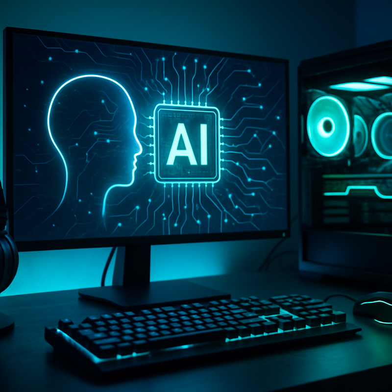 Futuristische gaming setup met schermen en hardware die AI voor gaming ondersteunen