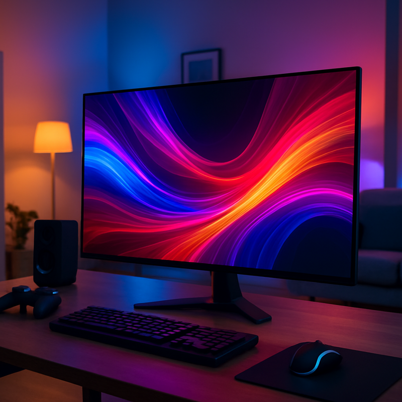 Moderne OLED gamingmonitor op bureau met levendige kleuren in een huiselijke gameruimte