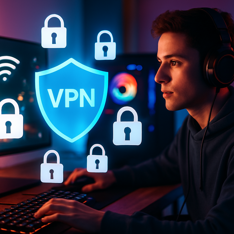 Gamer achter computer met beveiligingssymbolen en VPN schild als overlay