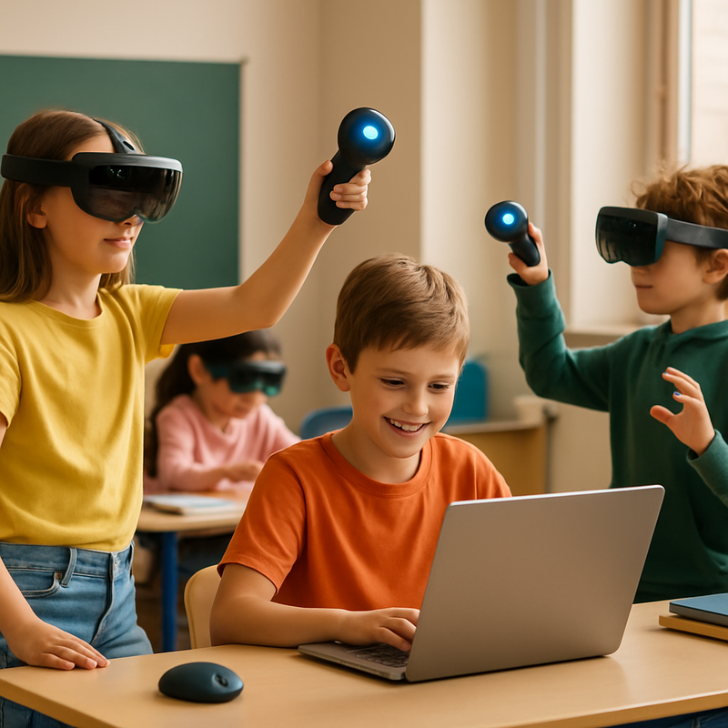Kinderen in klaslokaal gebruiken augmented reality en laptops tijdens digitale educatie.