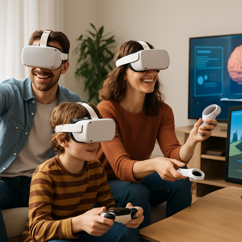 Gezin dat thuis virtual reality gebruikt met VR-brillen en digitale schermen