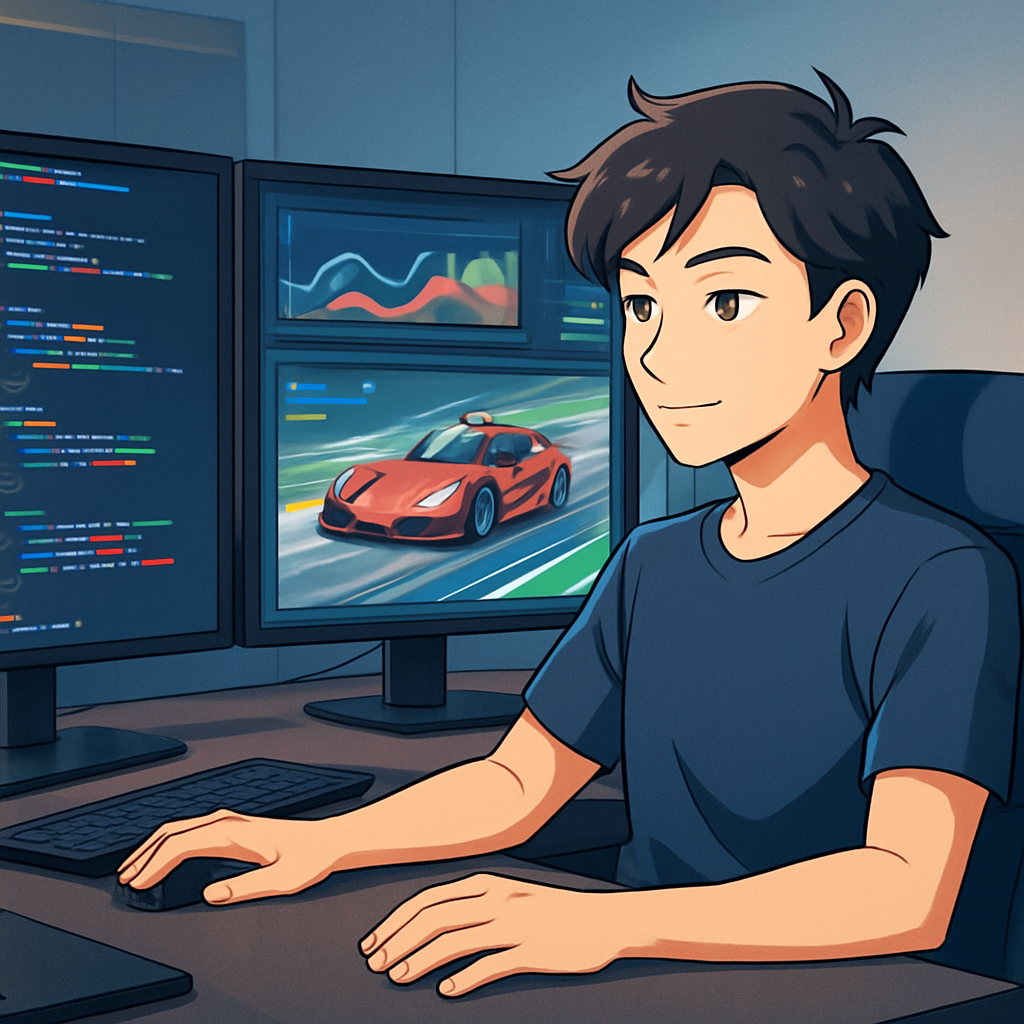 Een anime-stijl illustratie van een kalme softwareontwikkelaar aan een bureau met meerdere schermen, waarop code, grafieken en een racende auto te zien zijn, wat de snelheid en precisie van geautomatiseerd testen symboliseert.