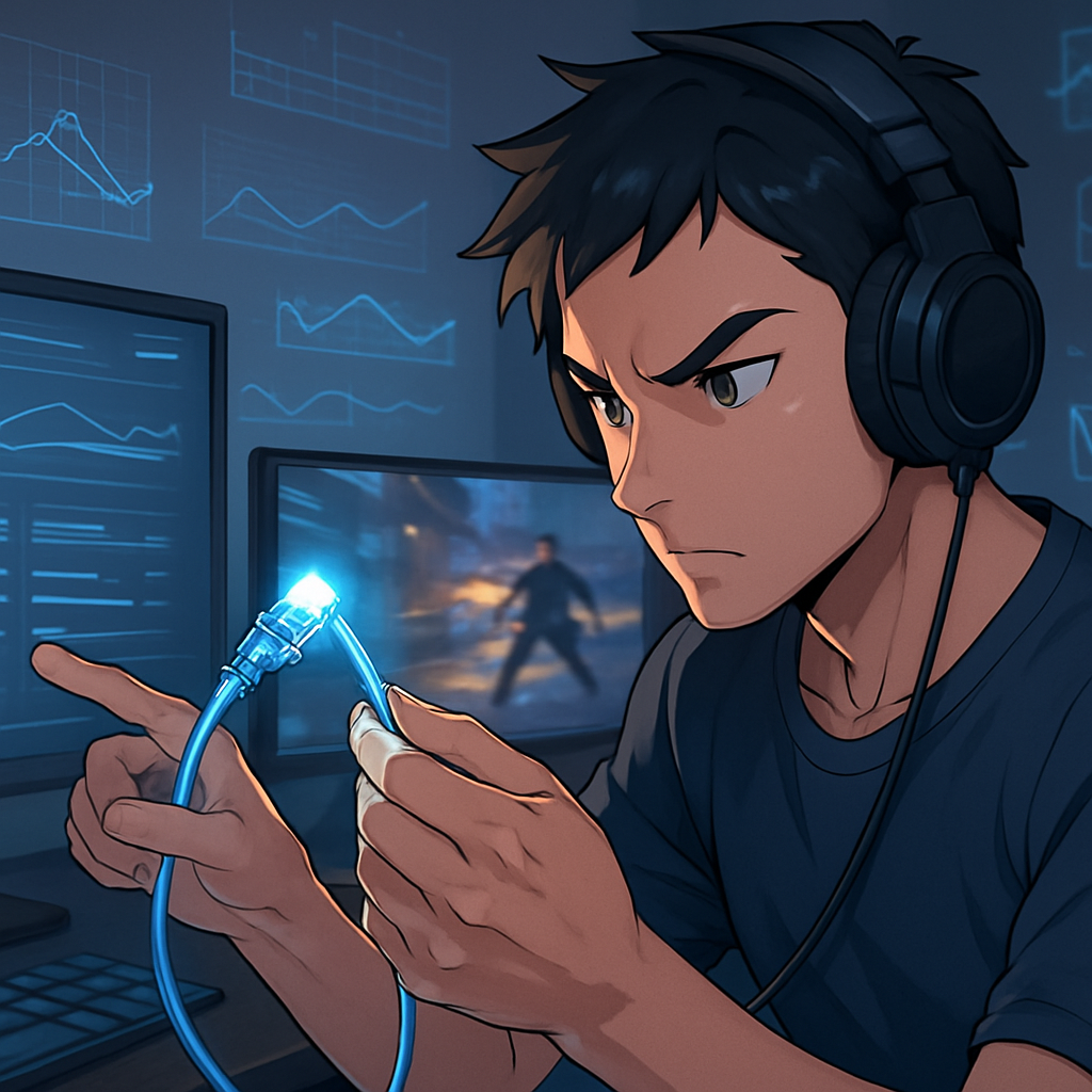 Anime-stijl afbeelding van een gamer die nauwkeurig zijn setup optimaliseert. De gamer controleert kabels en past software-instellingen aan, met digitale diagnostische elementen en een gaming-monitor op de achtergrond.