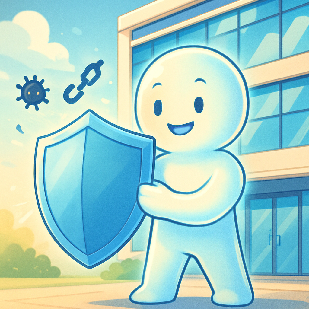 Anime-stijl illustratie van een vriendelijke digitale bewaker met een schild, die een modern kantoorgebouw beschermt tegen kleine, abstracte cyberdreigingen. De scène straalt veiligheid en geavanceerde beveiliging uit.
