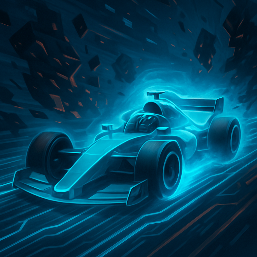 Een anime stijl afbeelding van een gestroomlijnde, futuristische raceauto op een dynamisch digitaal circuit. Abstracte, bedreigende digitale elementen symboliseren cyberdreigingen, terwijl de auto is omgeven door een beschermende, lichtblauwe aura, die adaptieve beveiliging voorstelt die proactief anticipeert en verdedigt.