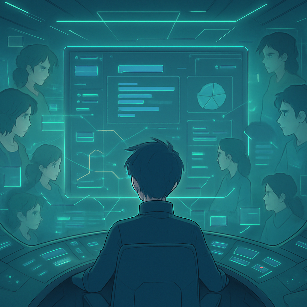 Een anime-stijl weergave van een futuristische digitale cockpit, centraal dashboard met georganiseerde data en communicatiekanalen. Rondom het display zijn geconcentreerde anime-teamleden te zien als subtiele reflecties.