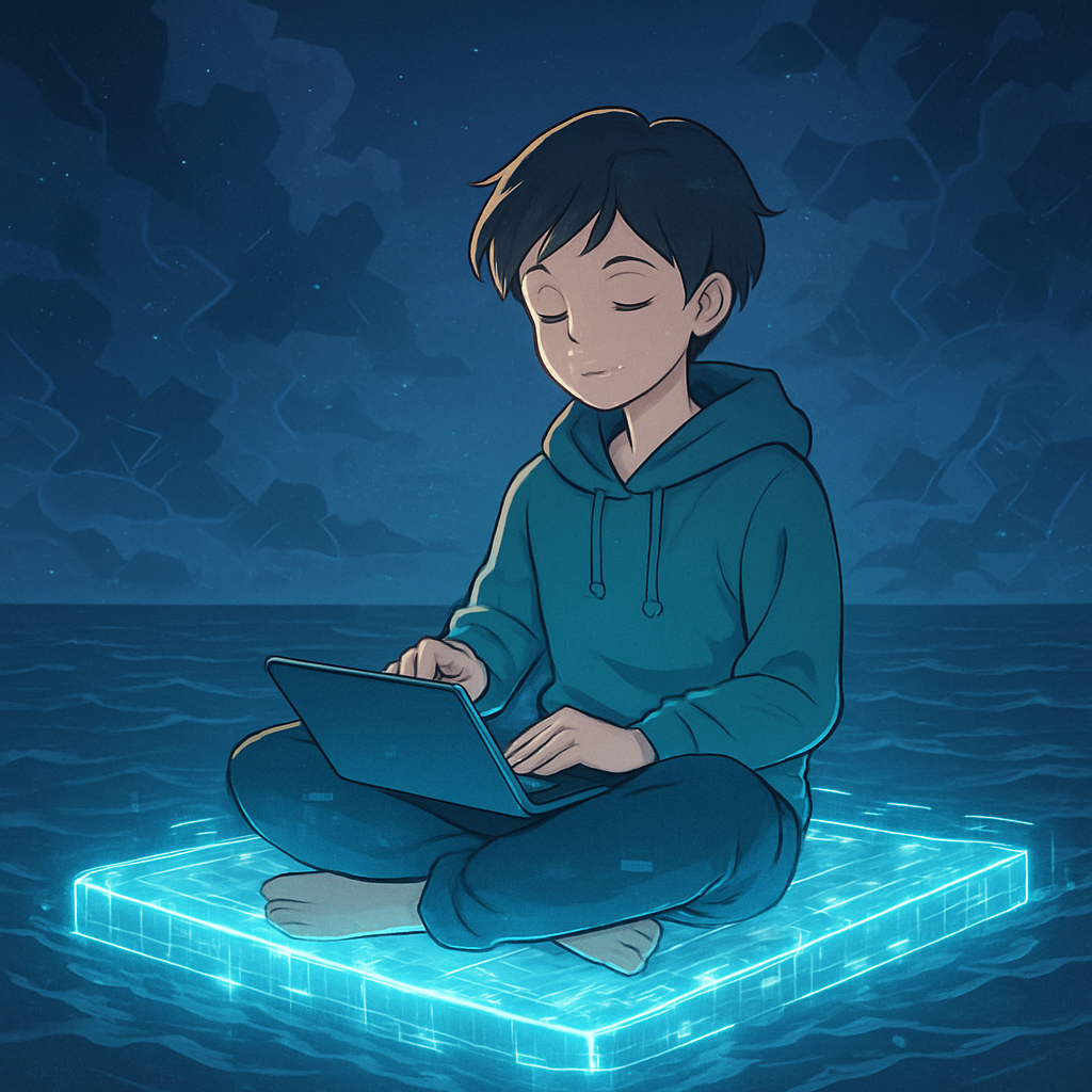 Een anime-stijl afbeelding van een persoon die rustig op een gloeiende digitale reddingsboei zit, drijvend op een rustige digitale oceaan, terwijl in de verte abstracte digitale stormen dreigen.