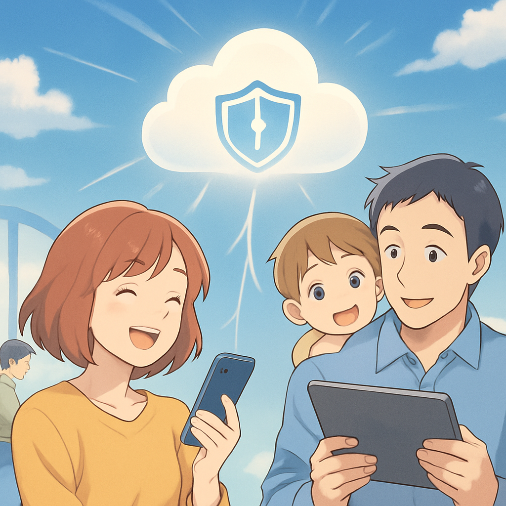 Anime illustratie van een glanzende, veilige wolk die verbinding maakt met diverse, blije mensen die smartphones, tablets en laptops gebruiken, symboliserend veilige en toegankelijke cloudopslag voor het hele gezin.