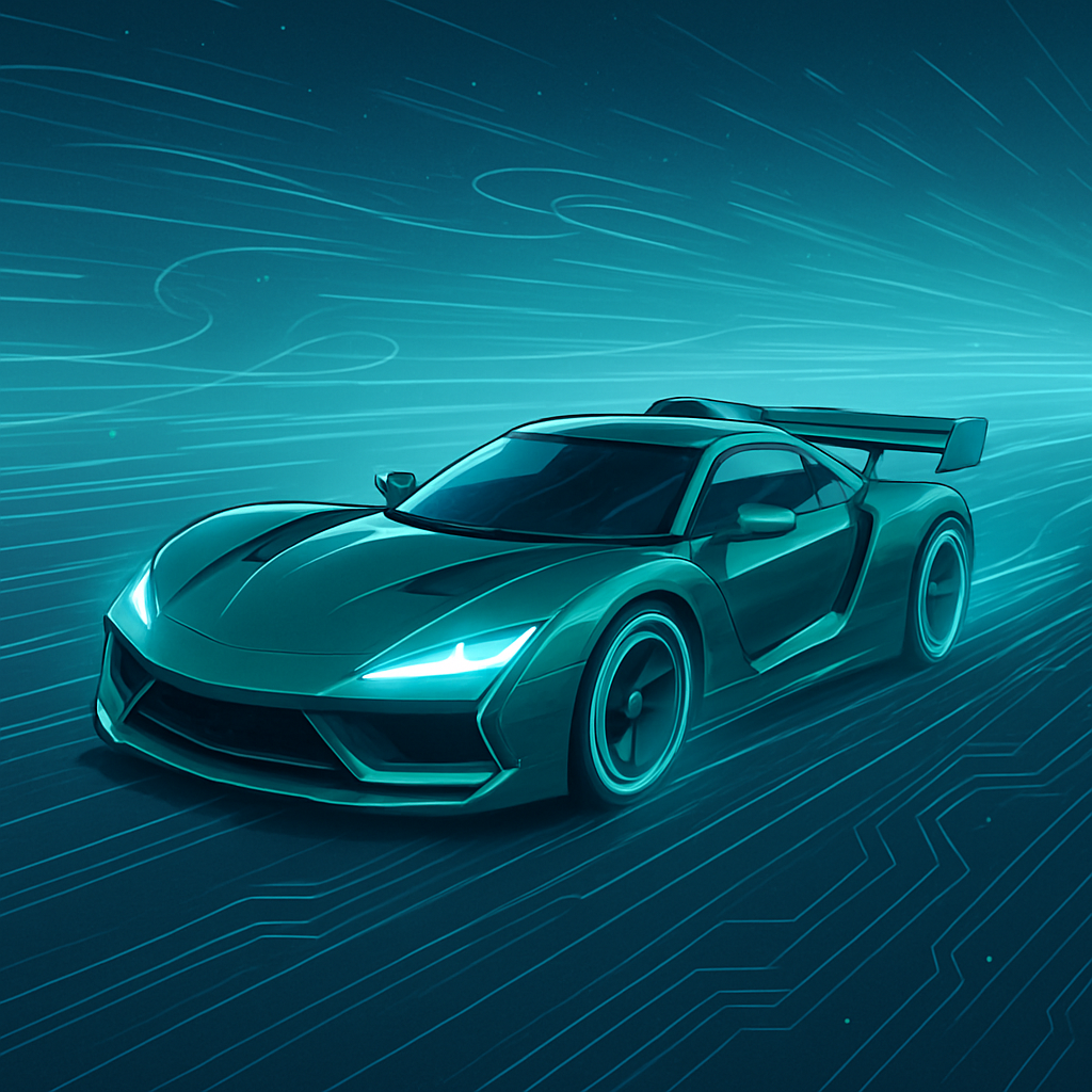 Anime-stijl afbeelding van een snelle, futuristische raceauto op een digitale snelweg, omringd door datastromen die optimale beveiliging en prestaties symboliseren.