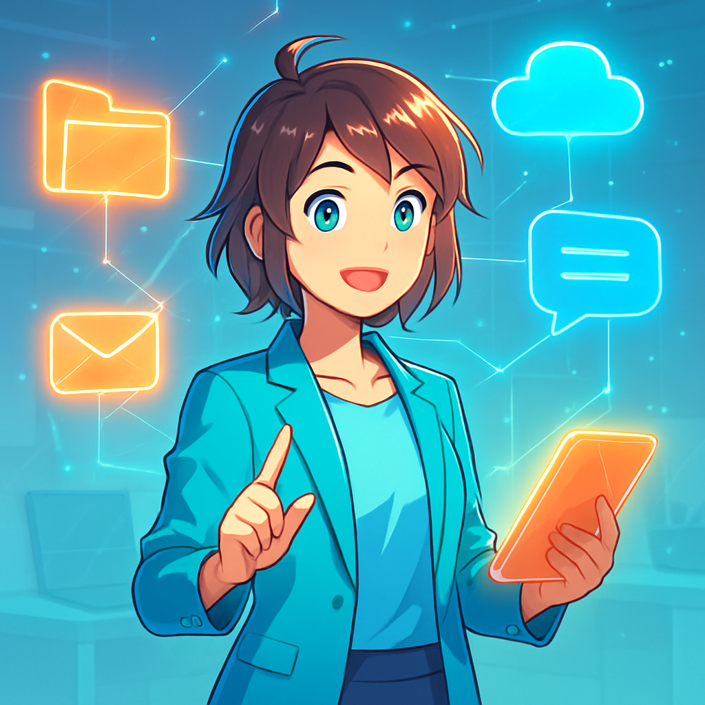 Een anime-stijl afbeelding toont een persoon die tevreden kijkt naar een reeks zwevende, onderling verbonden app-pictogrammen zoals e-mail, documenten, chat en cloudopslag, tegen een strakke, digitale achtergrond.