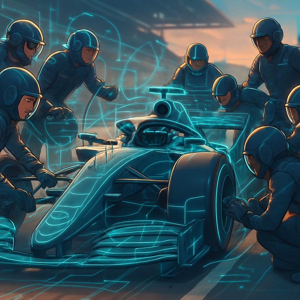 Een anime-stijl illustratie van een raceauto in een pitstraat, waar een team met hoge snelheid en precisie banden wisselt en aanpassingen doet. Digitale lijnen en datawolken omringen de auto en het team, wat de integratie en het teamwork bij de implementatie van bedrijfssystemen weergeeft.