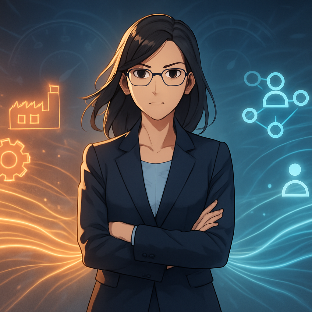 Een anime-illustratie van een professionele vrouw die kalm en zelfverzekerd staat, omringd door samenvloeiende, gloeiende datastromen die ERP- en CRM-systemen vertegenwoordigen. De achtergrond toont abstracte, digitale racebaan-elementen, wat de snelheid en het inzicht van geïntegreerde systemen symboliseert.