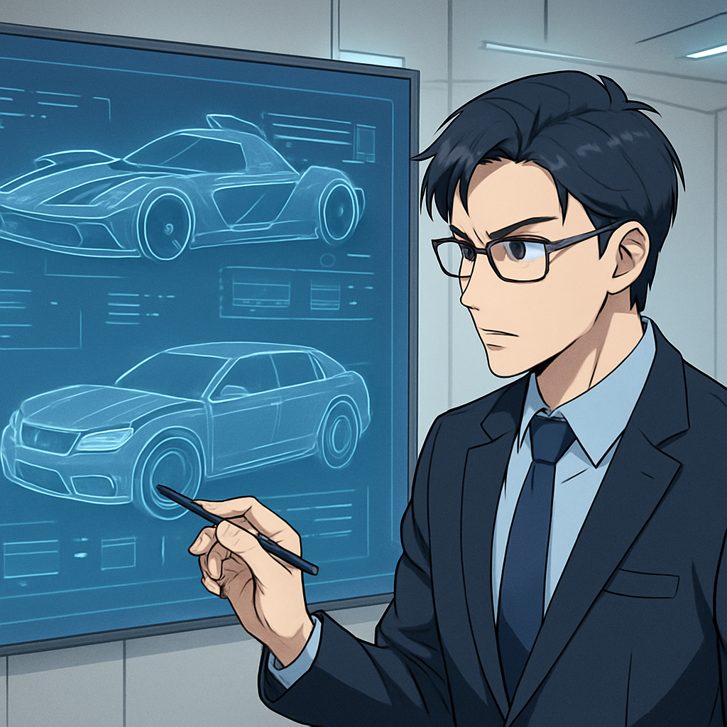 Een anime-stijl afbeelding van een bedrijfsleider die de eigenschappen van twee verschillende raceauto's analyseert in een high-tech omgeving, wat de strategische overwegingen bij het kiezen van ERP- en CRM-systemen symboliseert.