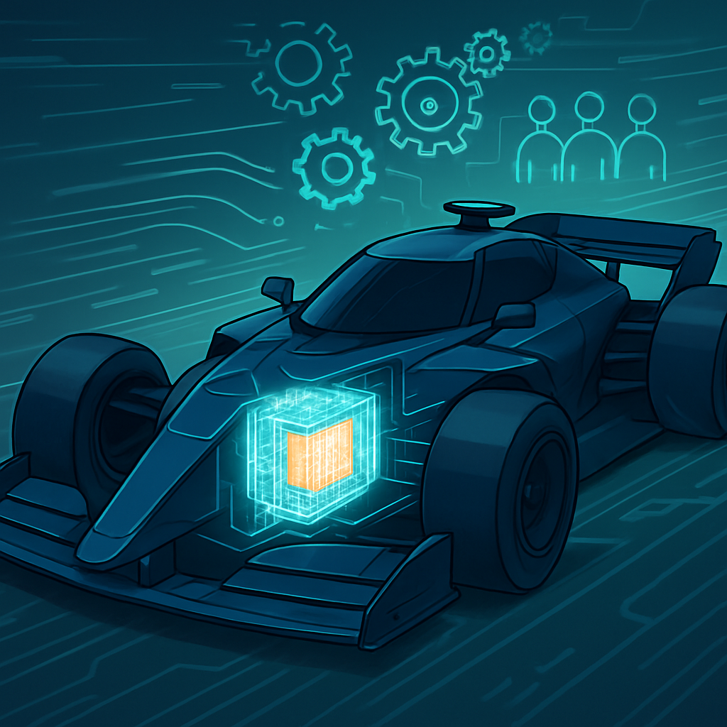 Een futuristische raceauto in anime-stijl, met een gloeiend, complex digitaal motorblok als kern. Subtiele symbolen voor financiën, productie, logistiek en HR verbinden met de kern, wat de integratie en interne kracht van een ERP-systeem voorstelt.