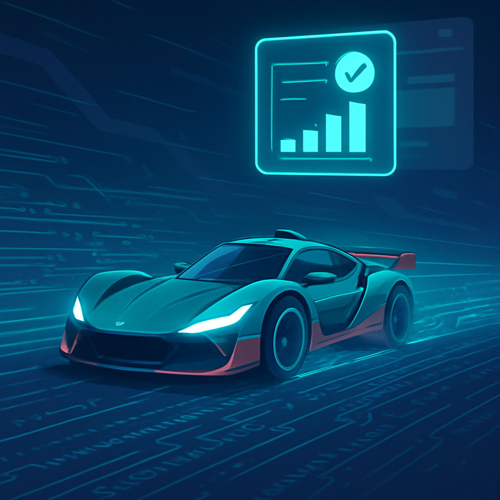 Een anime-illustratie van een futuristische raceauto op een digitale baan, symboliserend geautomatiseerd testen. Code en datapunten zijn subtiel verweven met de baan, en een abstracte UI-component is op de achtergrond zichtbaar. Een zwevend, oplichtend icoon toont duidelijke testrapporten.