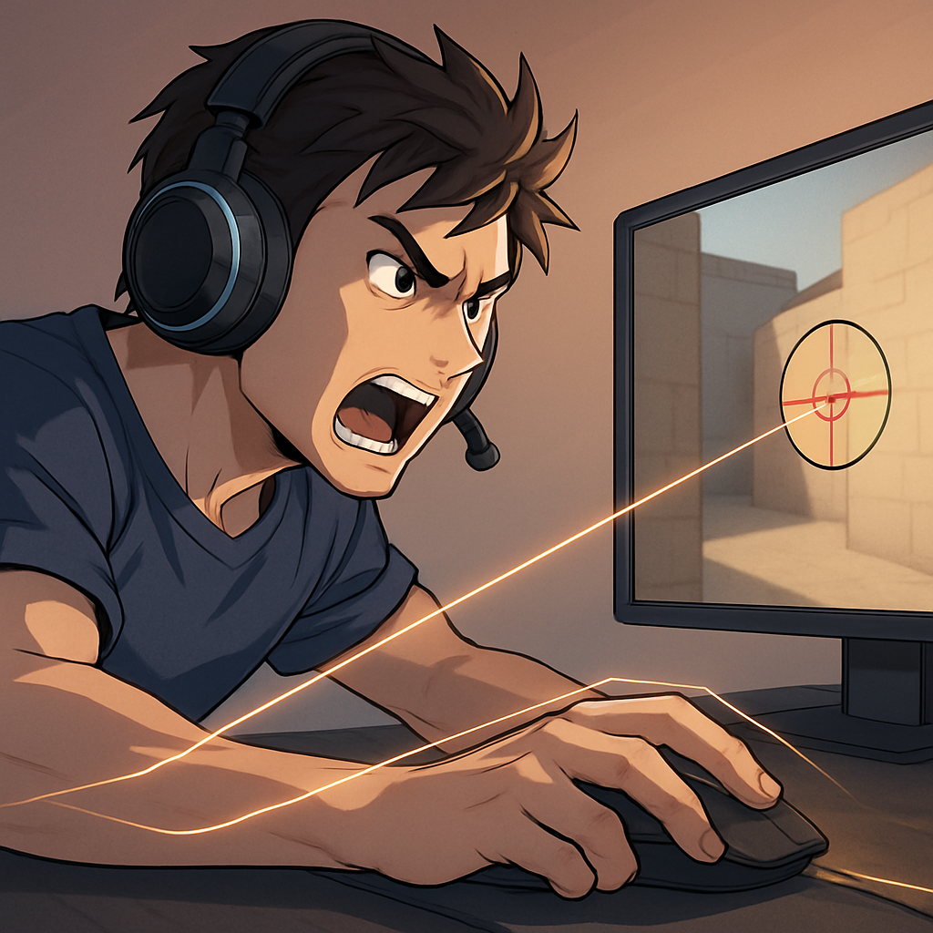 Een anime-stijl illustratie van een mannelijke professionele gamer die geconcentreerd een muis vasthoudt en een snelle, precieze beweging maakt op het scherm. Zachte, gloeiende lijnen visualiseren de directe verbinding tussen zijn hand en de in-game actie, wat een optimale 'testlink' en geen *input lag* weergeeft.