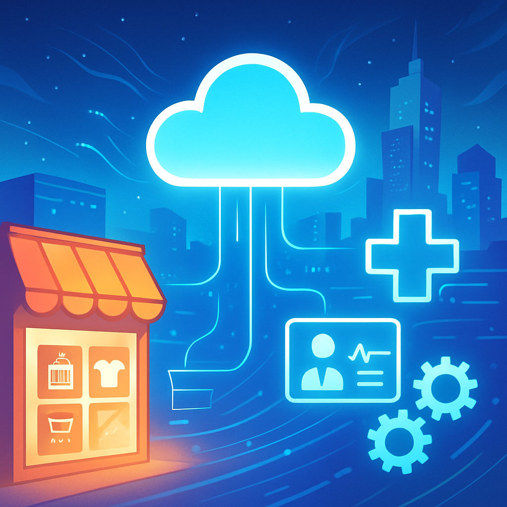 Een anime-illustratie van een gloeiend wolkensymbool in het midden, omringd door gestileerde iconen die verschillende sectoren voorstellen: een webwinkel, medische symbolen, tandwielen voor industrie, en een futuristische stad, alles digitaal verbonden.