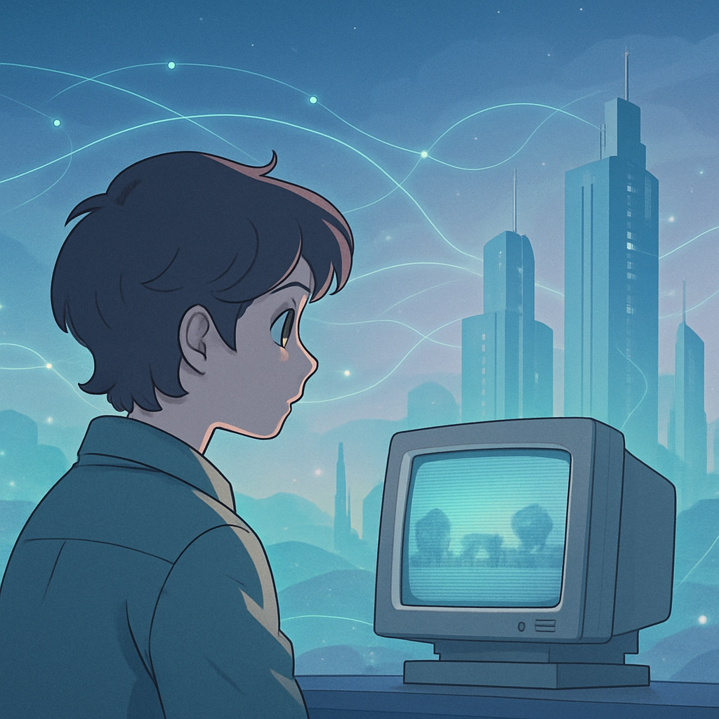 Een anime-stijl illustratie van een persoon die naar een ouderwetse CRT-monitor kijkt, met op de achtergrond een futuristisch landschap van zwevende datanetwerken en servergebouwen, die de evolutie van lokale technologie naar de cloud verbeeldt.