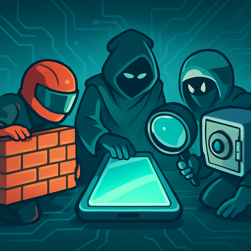 Een anime-illustratie van verschillende personificaties van digitale beveiligingsfuncties (firewall, VPN, wachtwoordmanager, antivirus) die als een pitcrew rondom een gloeiend, futuristisch digitaal apparaat werken, symboliserend complete beveiliging.