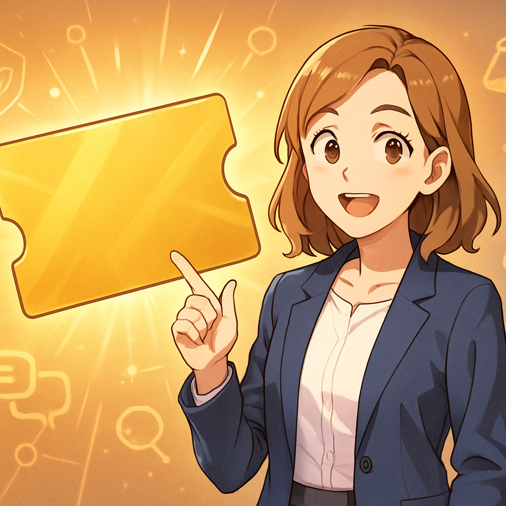 Een vrolijke, anime-stijl kantoormedewerker wijst naar een grote, gouden pas. Rondom haar zweven symbolen voor beveiliging, compliance, communicatie en analyse, wat de complete functionaliteit van Microsoft 365 E5 voorstelt.