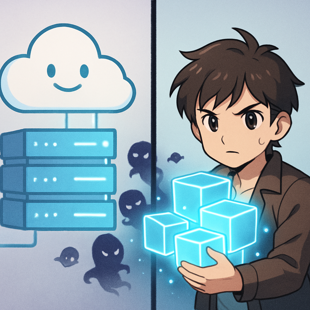 Een anime-personage, een startende ondernemer, bewaakt zorgvuldig hun digitale data, voorgesteld als gloeiende blokken. Aan de andere kant beheert een abstracte, vriendelijke cloud (symbool voor Microsoft) de infrastructuur. Een duidelijke lijn scheidt hun verantwoordelijkheden.
