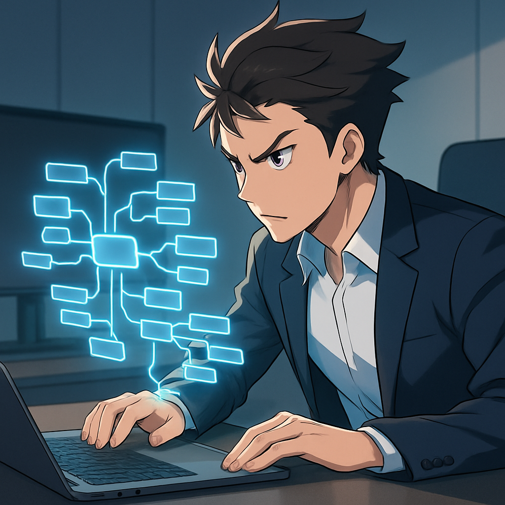 Een anime-personage, een jonge strategist, kijkt geconcentreerd naar een geavanceerde, holografische mindmap die snel ideeën en strategieën visualiseert op een minimalistische digitale werkplek. Het beeld straalt efficiëntie en strategisch inzicht uit.